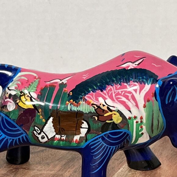 Talavera Blue Bull Steer Cow Storyteller Scene Hand Painted Mexican Folk Art - Picture 8 of 11